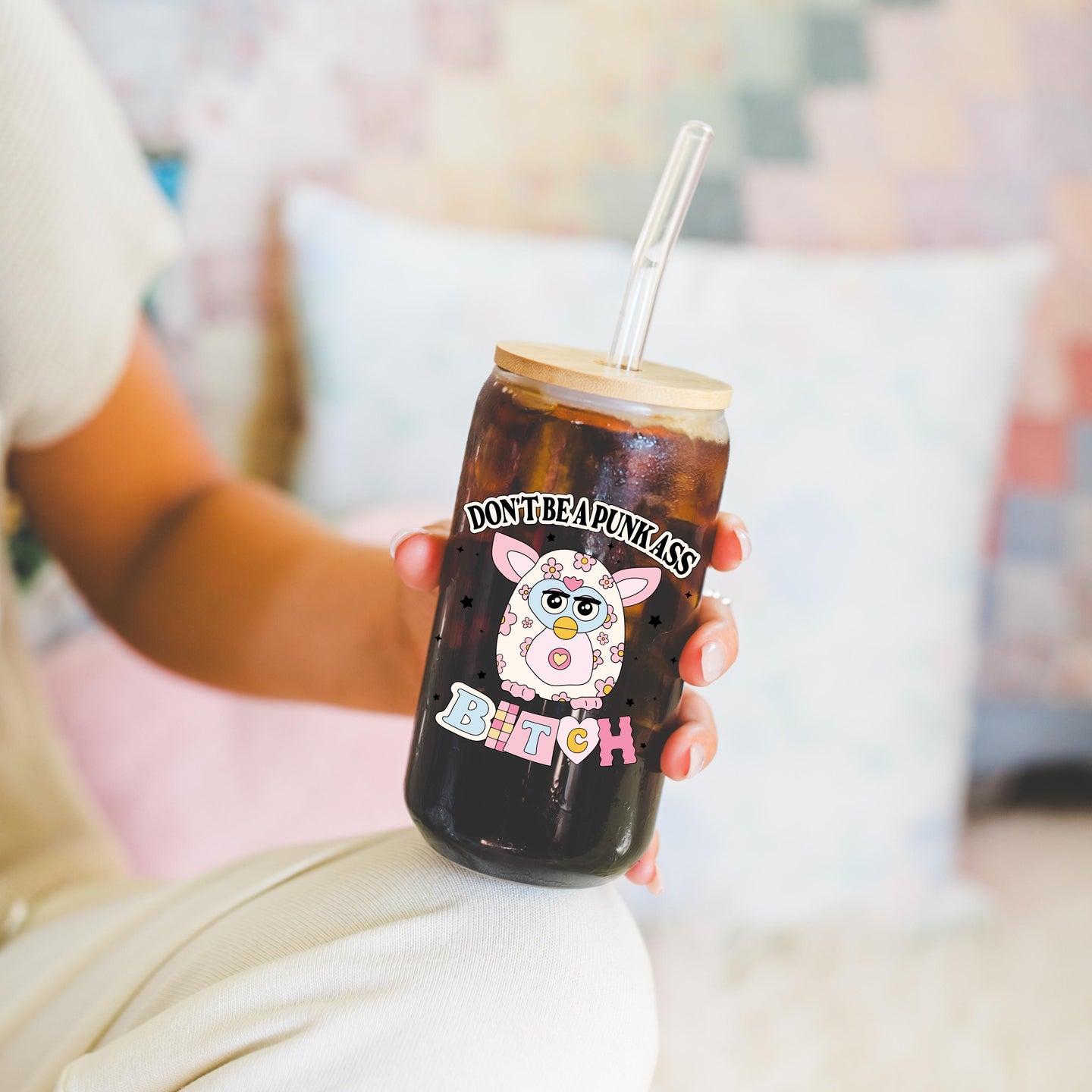 Nostalgic glass can, Preppy funny glass cup with bamboo lid glass straw, Cute Cup Beer Can Iced Coffee Glass Cup Cute gift for her